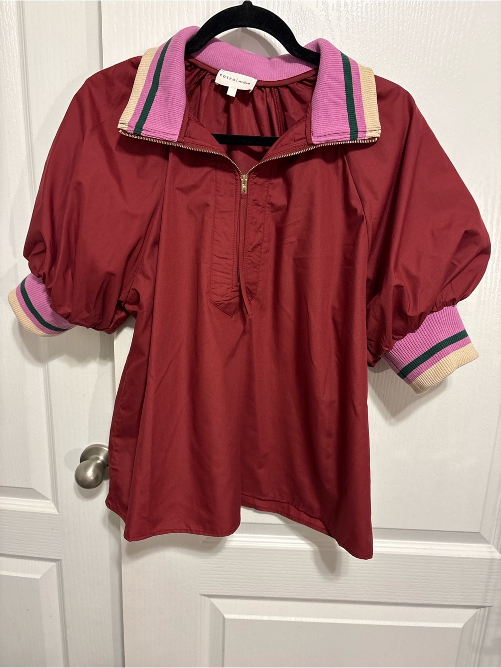 entro Burgundy Puff-Sleeve Zip Polo Top with Pink Trim